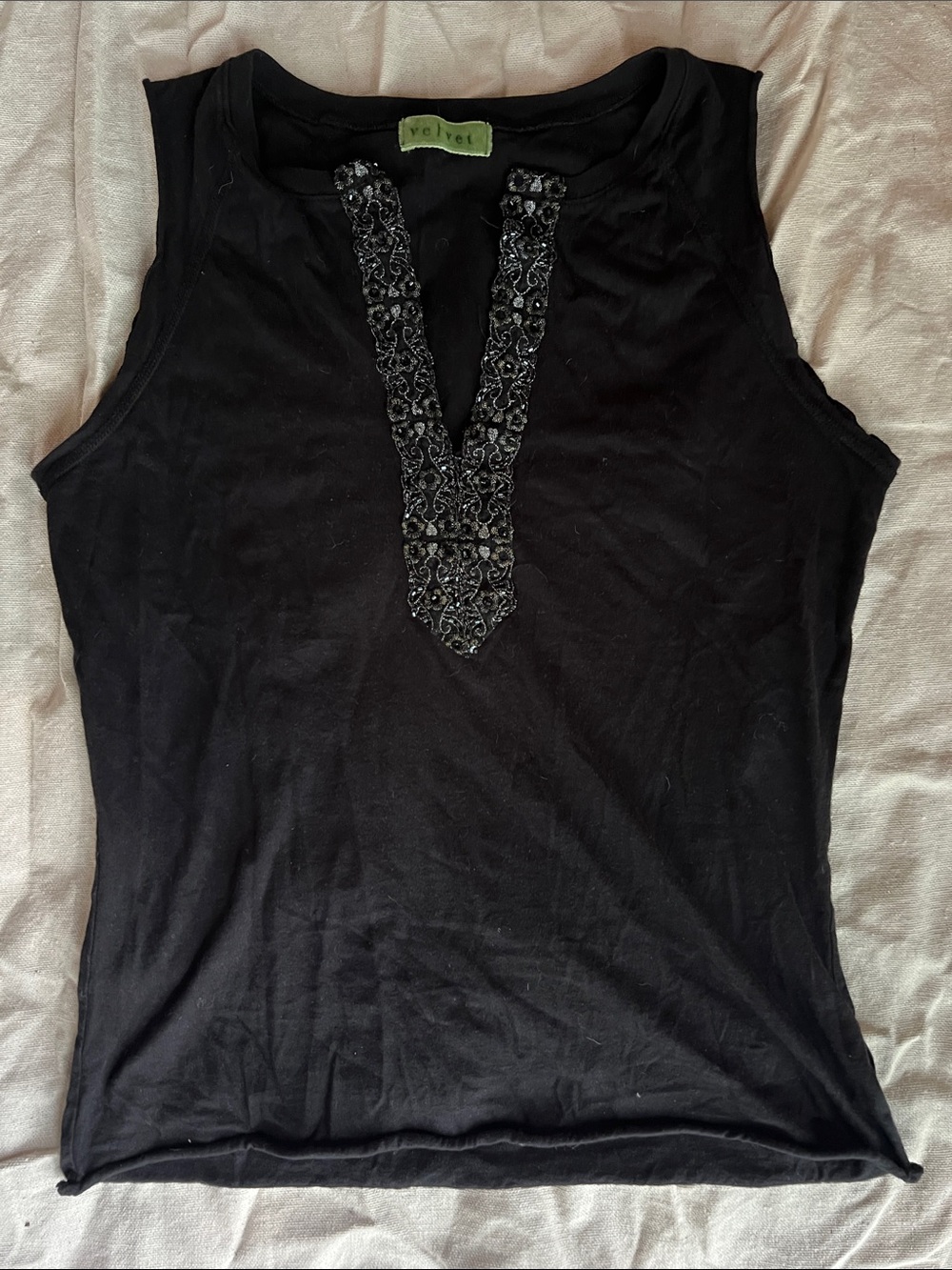 Velvet Black Embellished V-Neck Tank